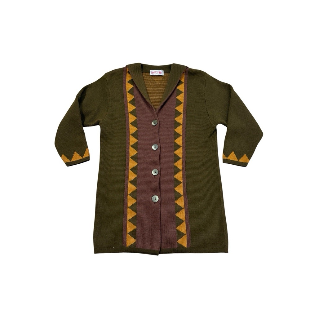 VTG Lewinger Cardigan Sweater Women Size M Green Long Aztec Western Wool France